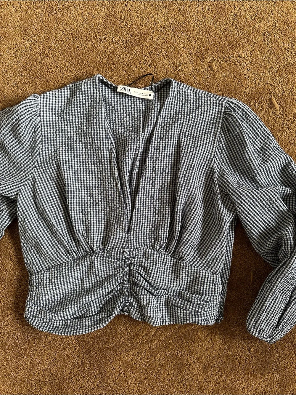 ZARA Black & White Gingham V-Neck Ruched Waist Blouse